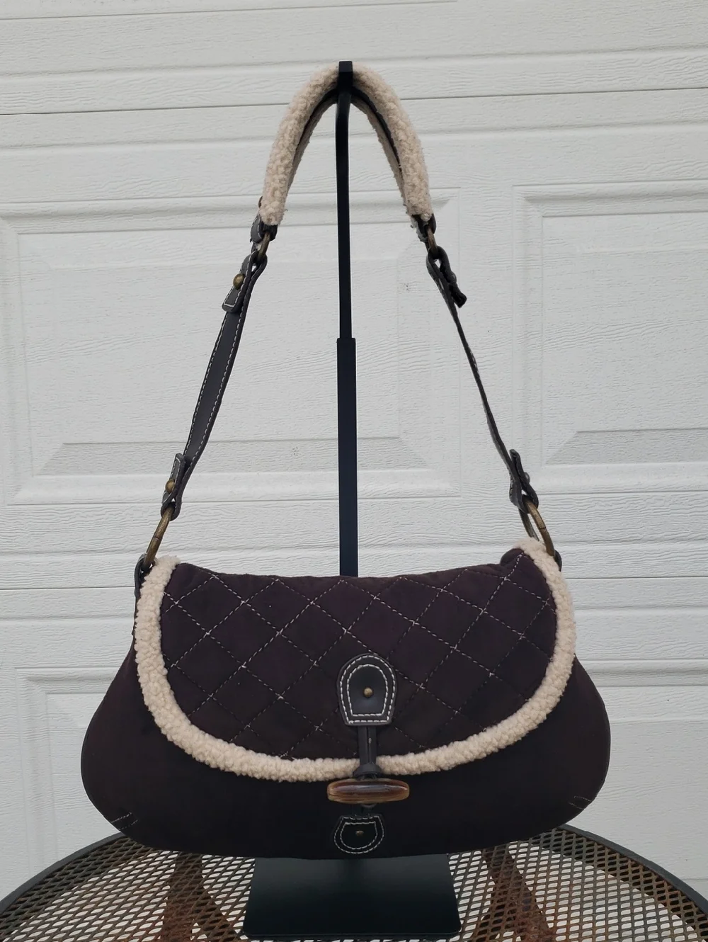 Old Navy Faux Leather Suede Sherpa Quilted Toggle Hobo Bag Y2K Brown Coquette